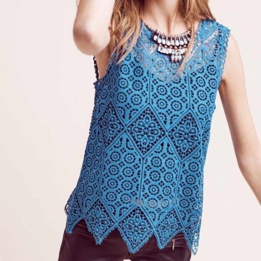 Anthropologie Deletta Jagged Hem Lace Blue Top Size XS Bohemian Eyelet Hem Boho